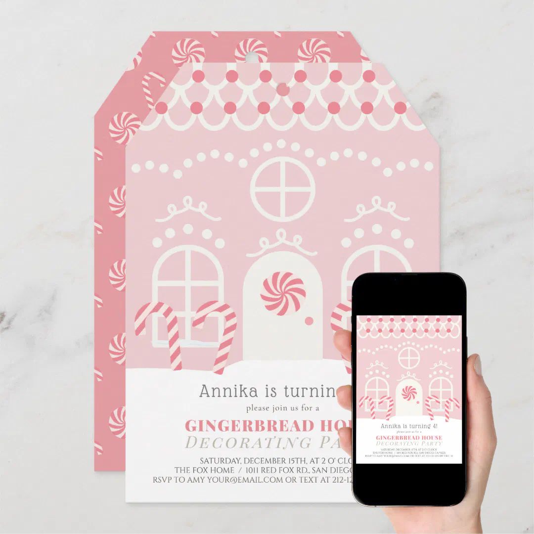 Pink Gingerbread House Decorating Birthday Party Invitation | Zazzle | Zazzle