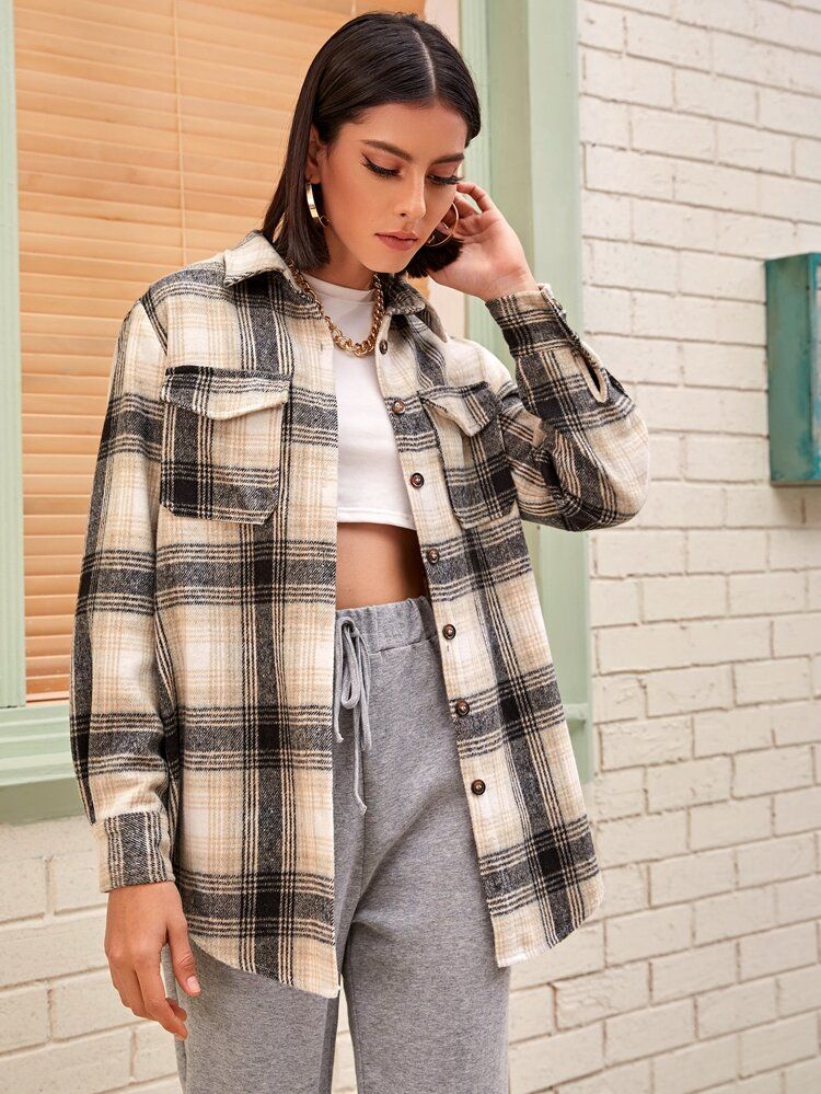 Plaid Button Up Curved Hem Coat | SHEIN
