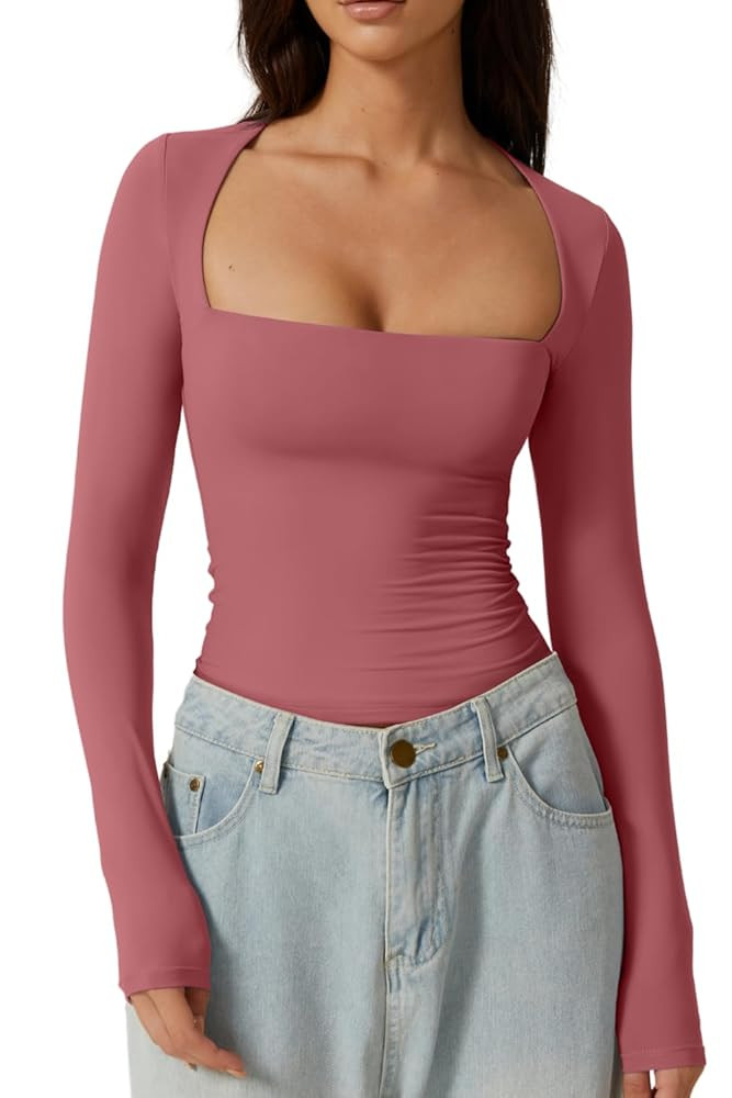QINSEN Women's Sexy Square Neck Shirt Long Sleeve Double Lined Tees Fitted Going Out Tops | Amazon (US)