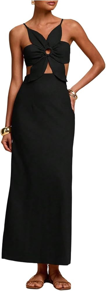 SHENHE Women's Petal Backless Linen Maxi Dress Cut Out Vacation Zipper Long Dresses | Amazon (US)