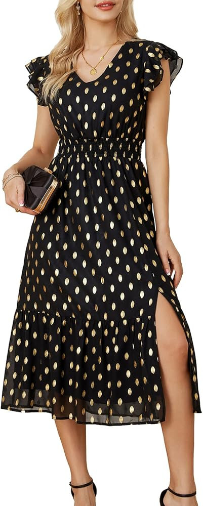 GRACE KARIN Women's V Neck Ruffle Sleeve Summer Dress 2024 Split Flowy Tiered Midi Dress Wedding ... | Amazon (US)