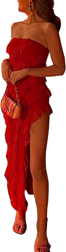 Sexy Tube Maxi Dres for Women Irregular Tassel Strapless Long Dress Ruffle Hem High Split Midi Dr... | Amazon (US)