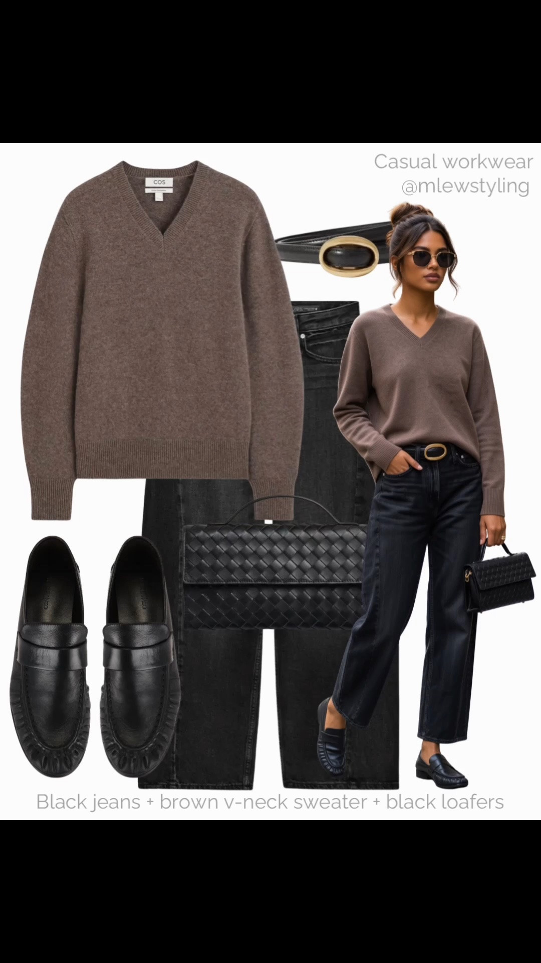 Casual workwear for fall 🍂

Tags: brown v-neck sweater, black wide leg denim, black leather loafers, ysl belt, clutch bag, autumn office outfit, neutral capsule wardrobe, outfit formulas

#LTKfall #LTKjeans #LTKworkwear