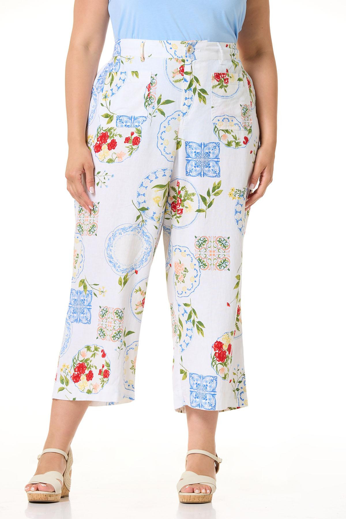 Plus Size Cropped Linen Vintage Floral Pants | Cato Fashions
