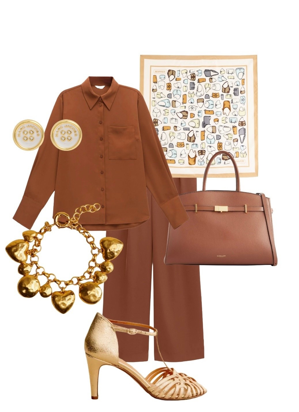 Sexy satin! A toffee brown and gold outfit for date night and party season! This season is all about texture, so partner smooth satin with hammered gold jewellery and luxurious leather accessories. This masculine evening look needs a big bag and contrasting feminine sandals 👜 

Toffee Brown Satin Shirt and Trousers - Hush 

Handbag Print Scarf and Gold Button Earrings - Coach and Marc Jacobs at Harvey Nichols

New York Tan Leather Tote Handbag - Demellier London

Esmee Gold Heart Charm Bracelet and Gold Hortense Sandals - Sezane 


#LTKautumn #LTKwinter

#LTKsale #LTKuk #LTKdatenight