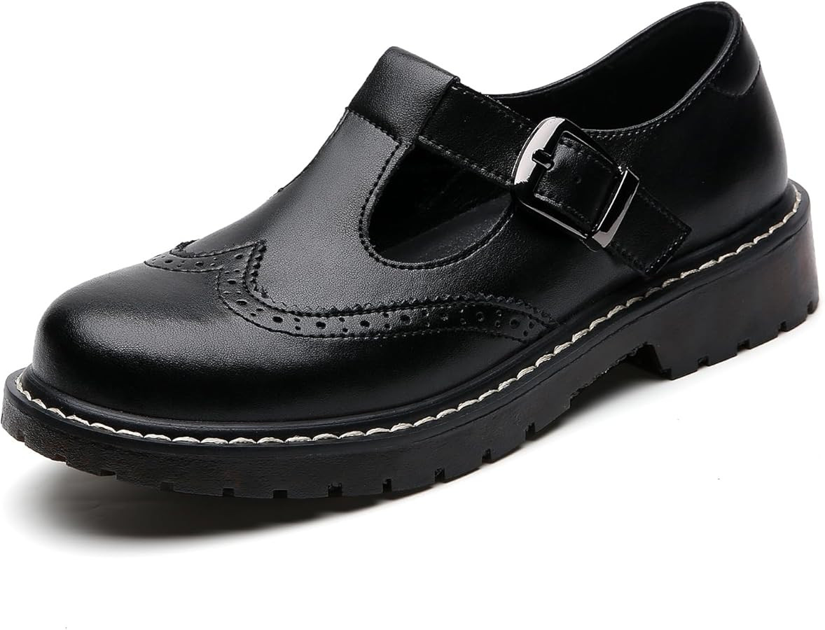 XMM Mary Jane Shoes Women Oxford Shoes Leather Round Toe Flats Non-Slip Ankle Buckle Strap Comfor... | Amazon (US)