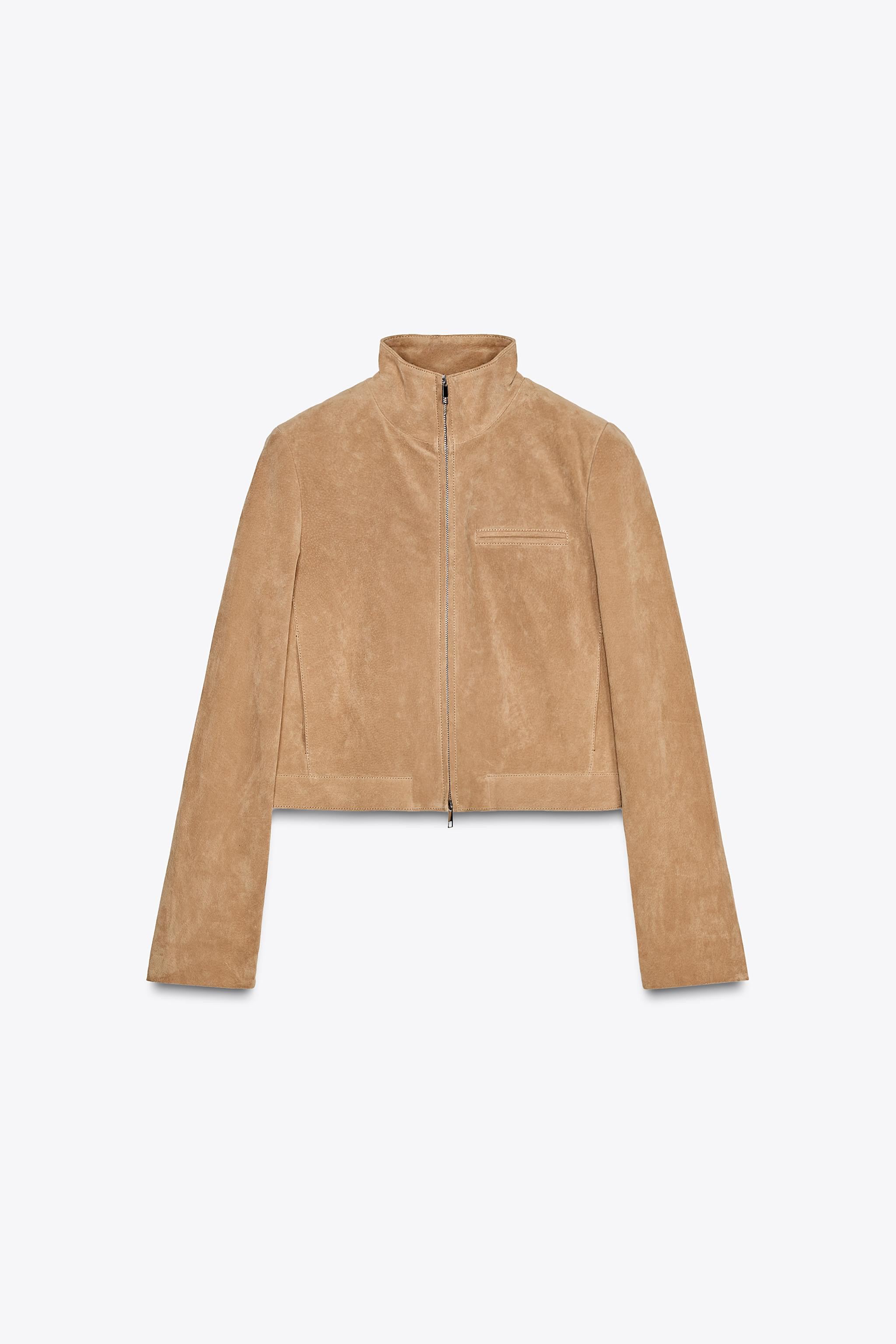 Jacket made of 100% suede leather. High neck and long sleeves. Side seam pockets and a faux welt ... | Zara UK