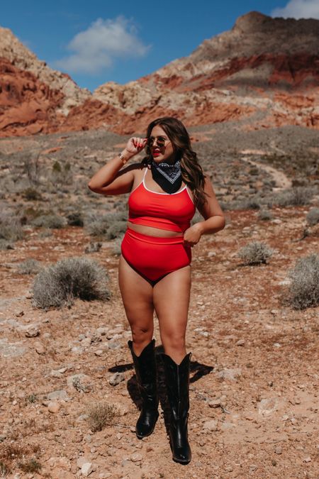 my curvy Red Rock Two Piece swimsuit in red and white! wearing size large, runs big! size done one size. has adjustable straps + sewn in bra pads 

#LTKSwim #LTKFindsUnder100 #LTKMidsize