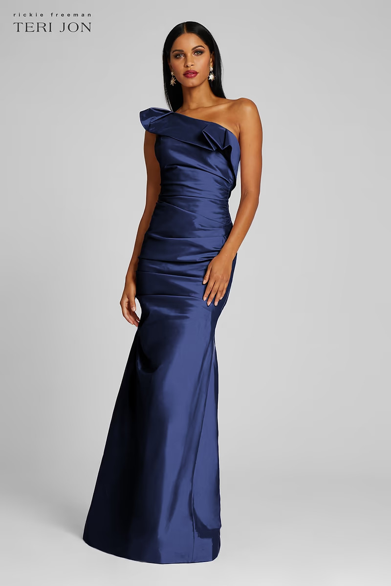 One Shoulder Pleat Draped Stretch Taffeta Gown | TERI JON