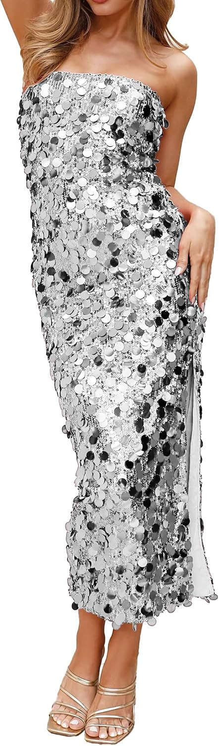 Women's Midi Strapless Dress Sequin Strappy Bodycon Party Dress Sparkly Glitter Ruched Party Club Dress,S-XL | Amazon (US)