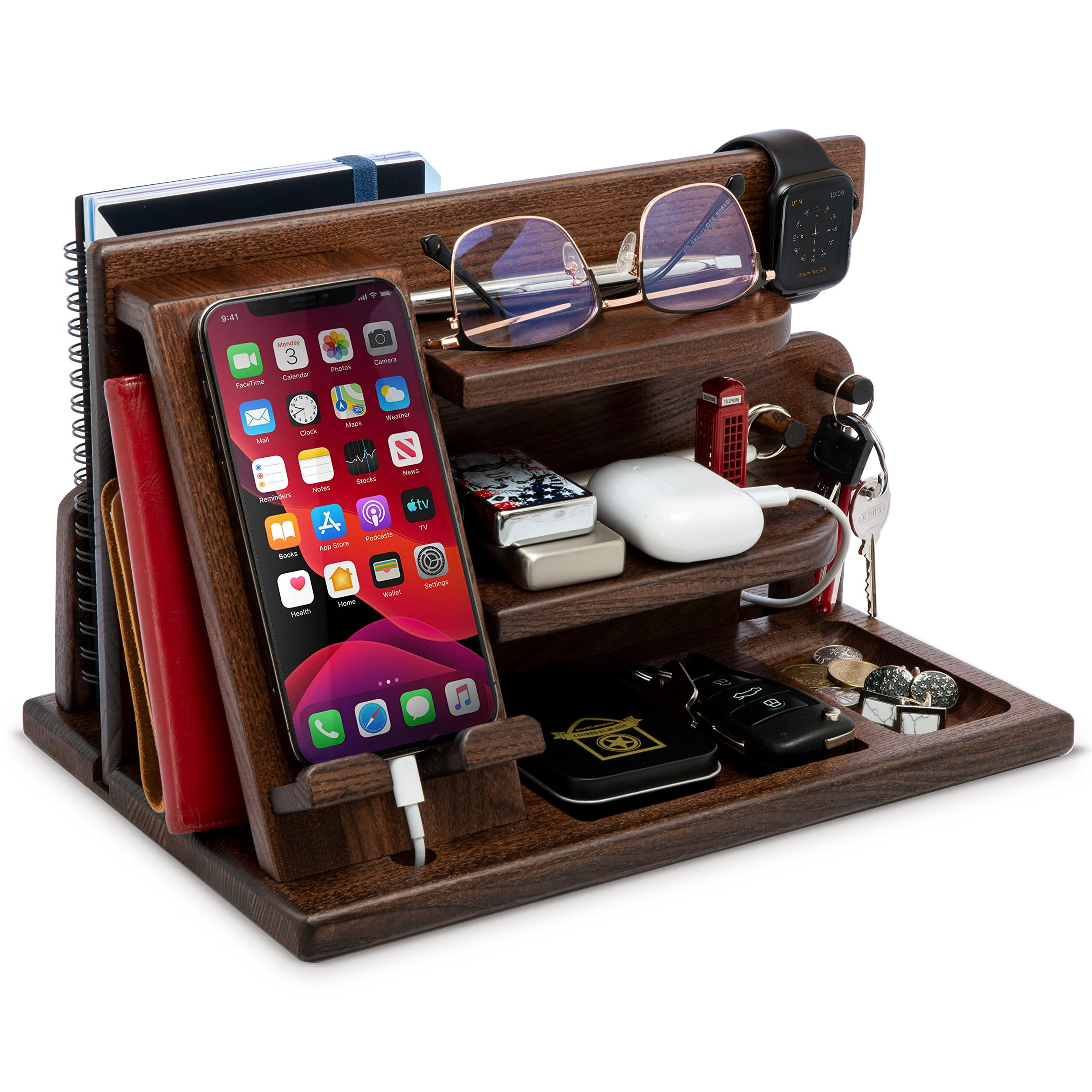 TESLYAR Wood Phone Docking Station for Men - Desktop or Nightstand Organizer - Birthday gifts for... | Amazon (US)