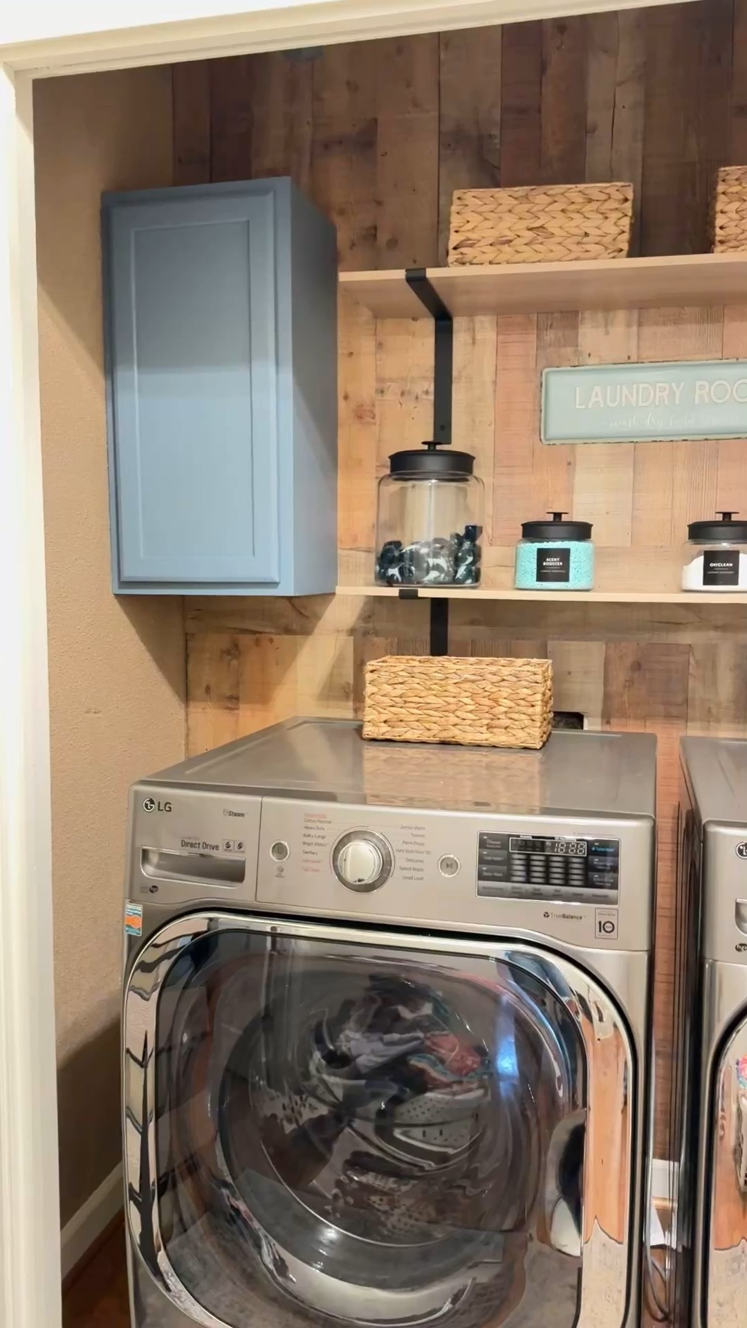 Laundry closet DIY makeover! We added the faux wood siding. Then upper cabinets to each corner in a light denim color. Siding, shelves and cabinets are from Lowe’s. Laundry sign is from Hobby Lobby. Jars, magnetic lint box and fabric softener holders are from Amazon. It only took us 3 years 🤣 #homediy #laundrymakeover #laundryroom

#LTKPets #LTKFamily #LTKHome