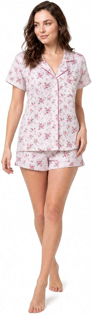 Laura Ashley Women's Pajamas 2 Piece Cotton Blend Button Down Short Sleeve Top and Shorts Set | Amazon (US)