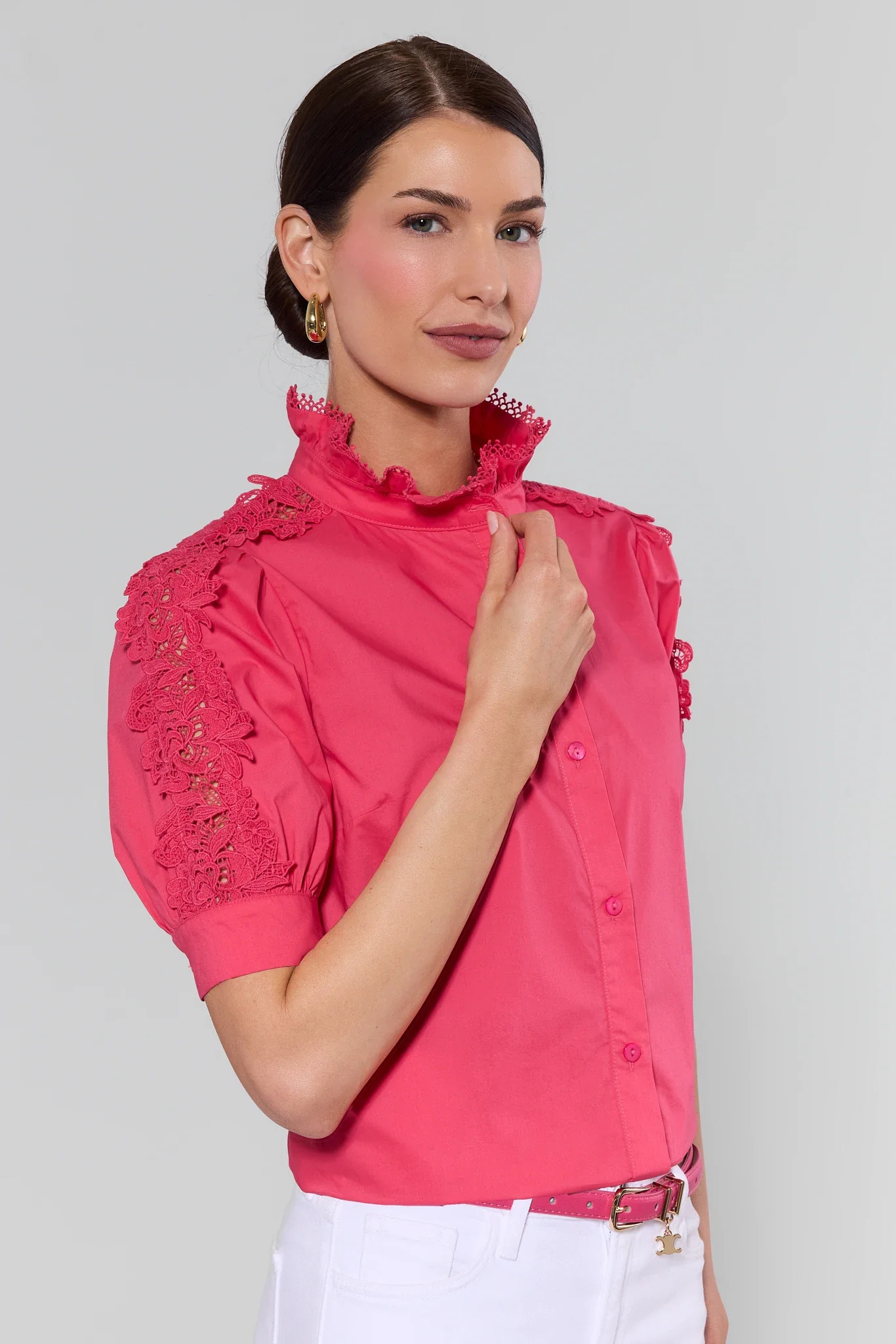 Maribeth Pink Lace Button Up Top | Avara