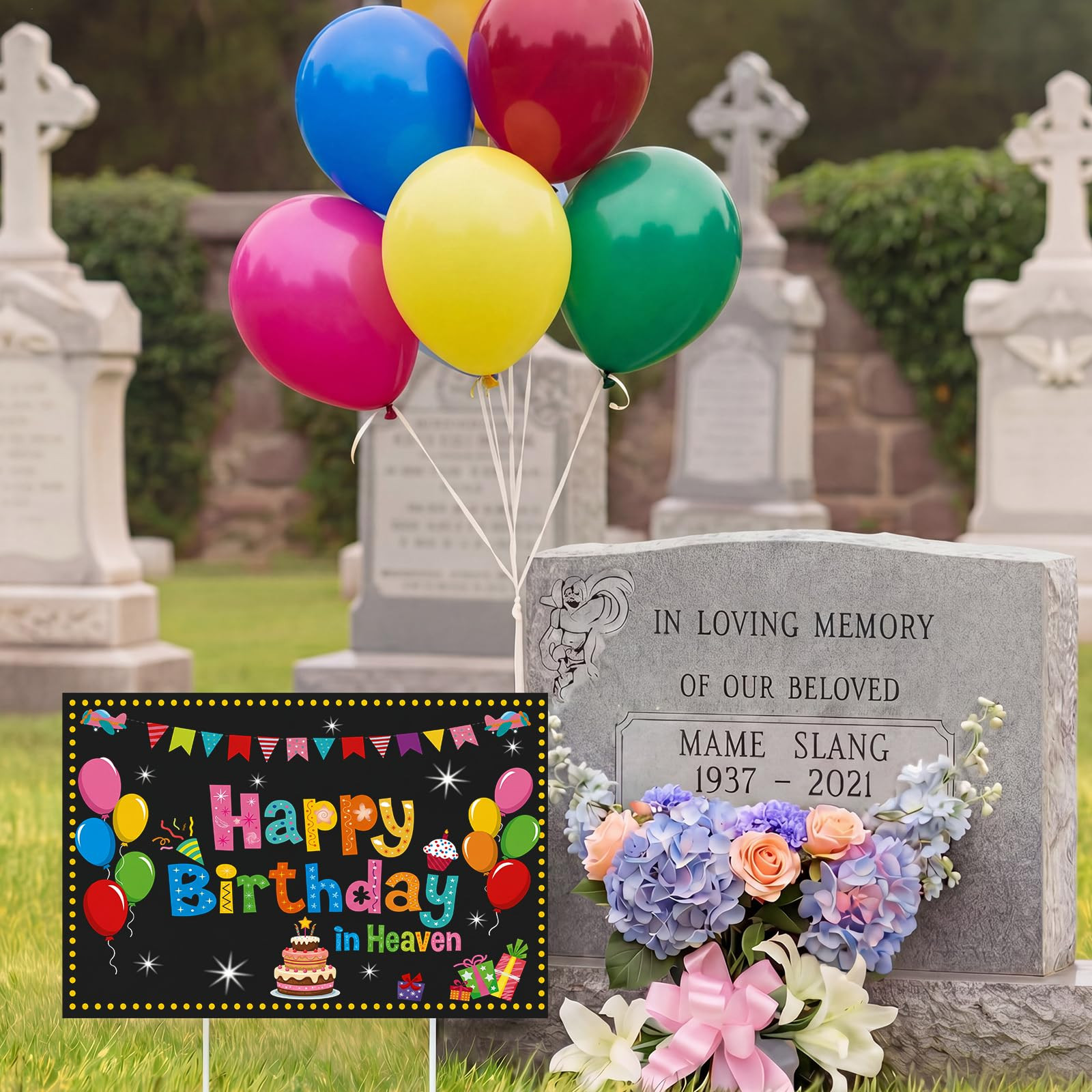 Frienda Happy Birthday in Heaven Decoration Colorful Heavenly Birthday Yard Sign with Stake Cemetery Decorations for Grave Waterproof Outdoor Garden Memorial Sign for Gravesite Garden Yard Favor | Amazon (US)