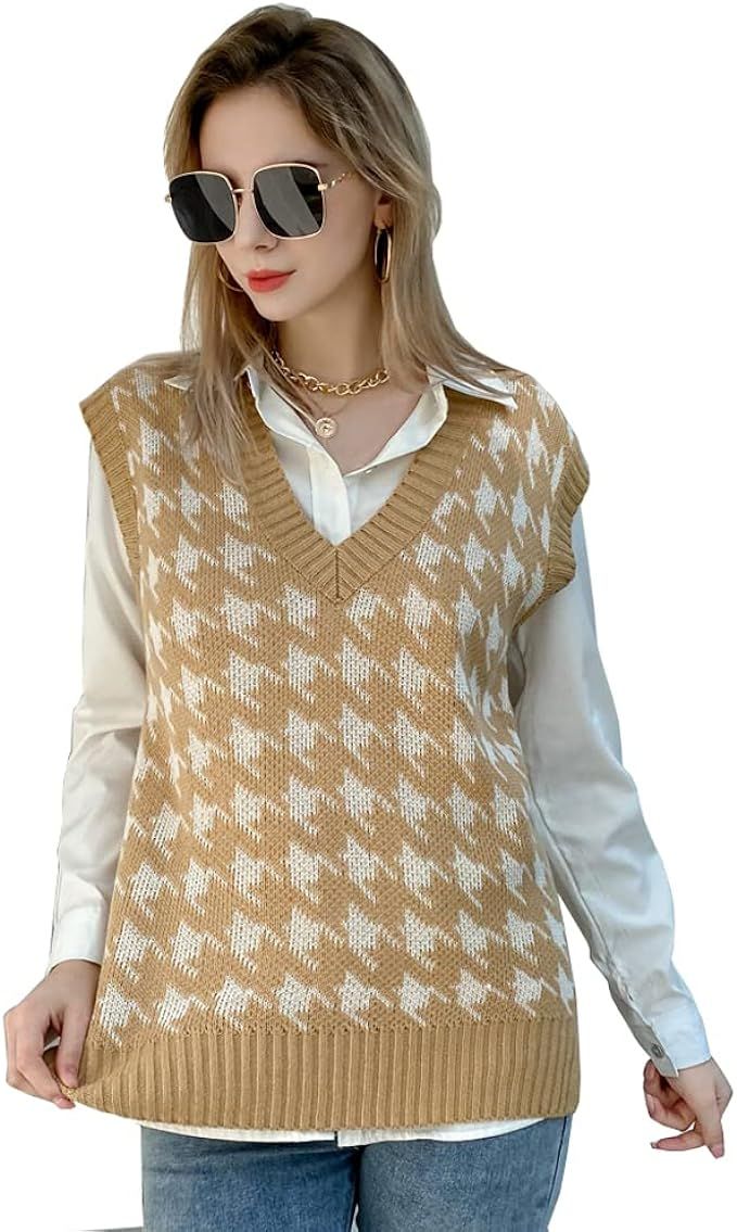 Women Casual V-Neck Sleeveless Houndstooth Pattern Knitted Sweater Vest Pullover Tops | Amazon (US)