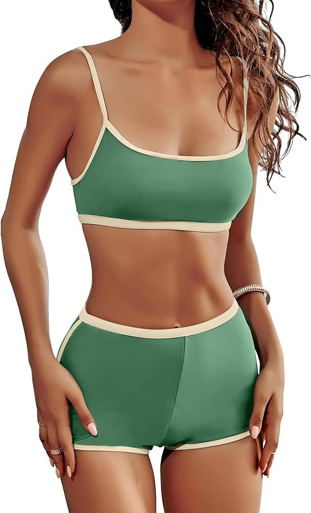 AngiMelo Womens High Waisted Bikini Sets Sports 2 Piece Swimsuit Tummy Control Color Block Bathin... | Amazon (US)