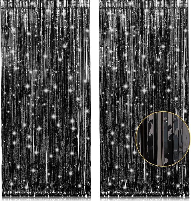 2 Pack 3.2ft x 8.2ft Black Tinsel Foil Fringe Curtains, Metallic Foil Tinsel Streamer for New Yea... | Amazon (US)