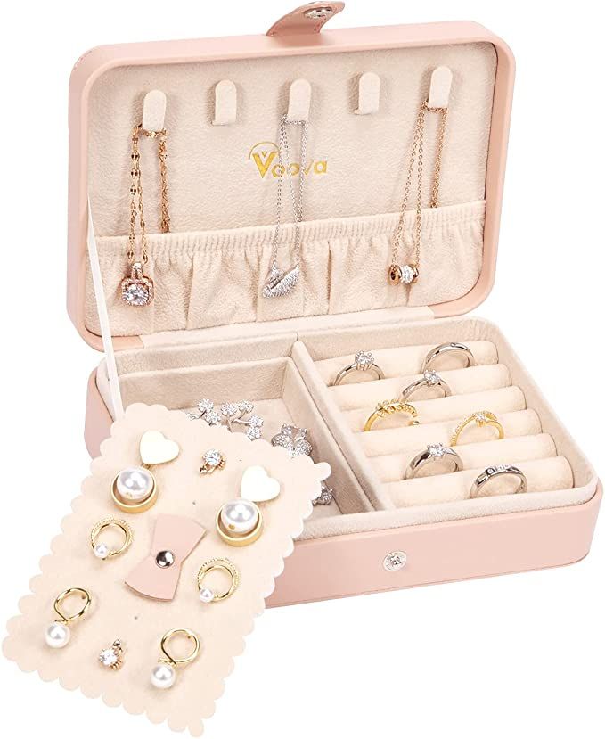 Voova Small Jewelry Organizer Box, Travel Jewelry Case for Women Teen Girls, Mini PU Leather Port... | Amazon (US)