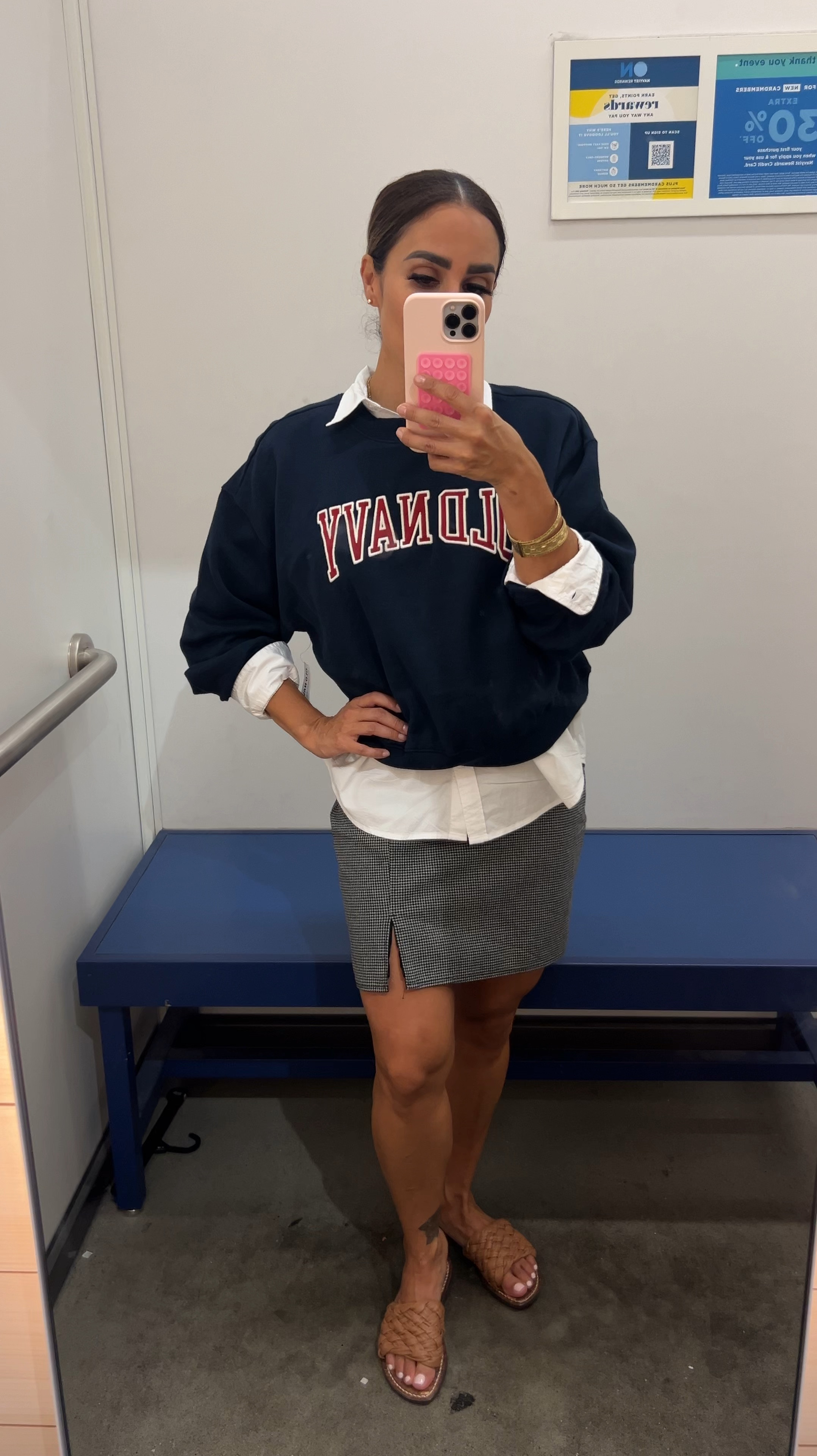 I’m wearing a size XS (regular) for the skirt, size Small for the shirt and a size Medium for the sweatshirt ( I would’ve preferred a size Small for the sweatshirt but they didn’t have it in store). I am 5’0” and 115 lbs. 34B. 

#LTKVideo #LTKFindsUnder50 #LTKOver40