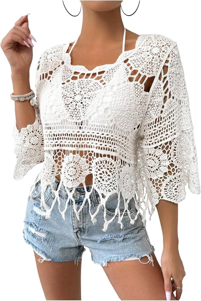 MakeMeChic Women's Crochet Cover Ups Tops Summer Crew Neck 3/4 Sleeve Beach Swimsuit Coverup | Amazon (US)