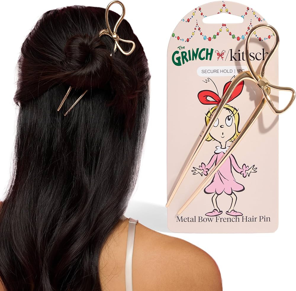 The Grinch x Kitsch Gold French Hair Pin with Bow Design - Durable Metal Hair Pin for Effortless ... | Amazon (US)