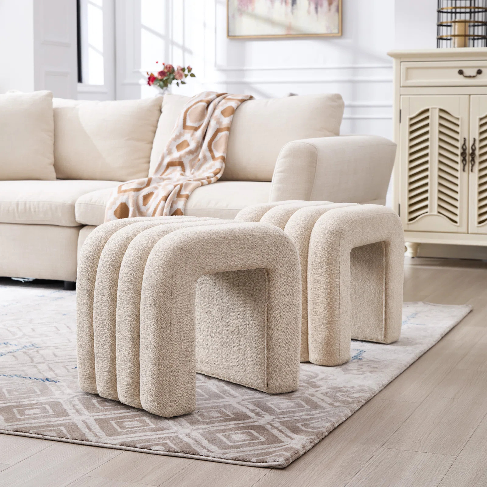 Rienna Yuna Modern U Shaped Waterfall Ottoman 19.3" Wide Beige Linen Vanity Stool with Ribbed Tuf... | Wayfair North America