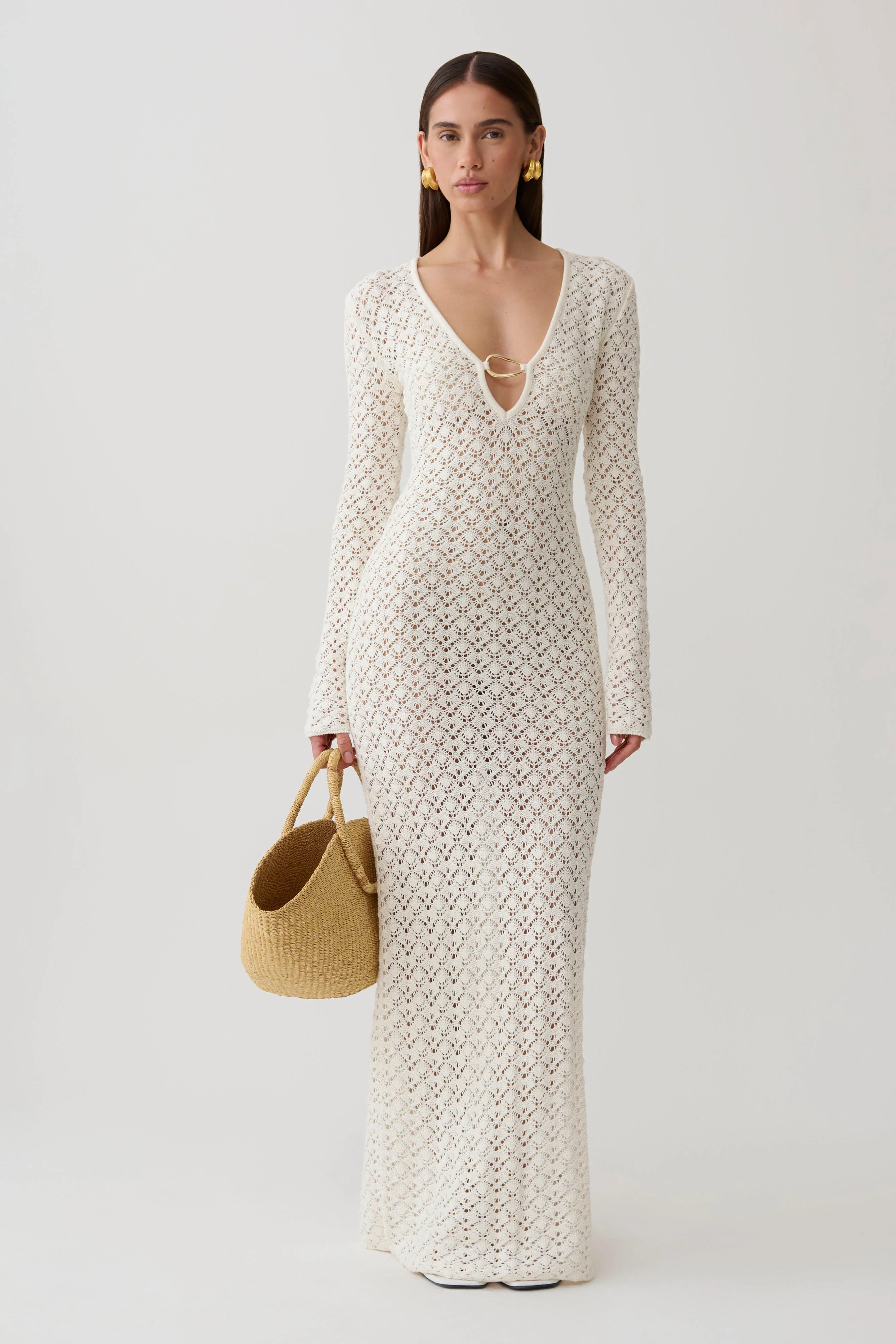 Jamaya Crochet Knit Maxi Dress - Ivory | MESHKI US