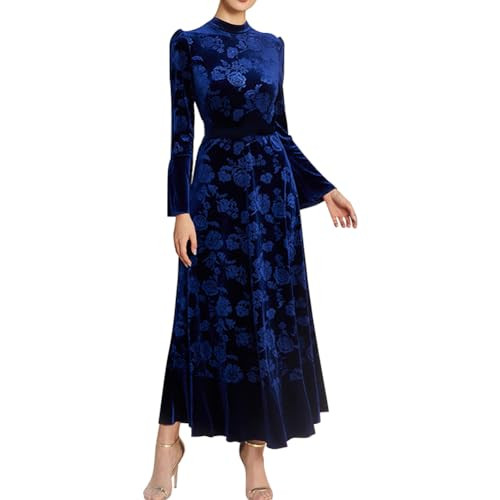 Women's Velvet Dress 2024 Fall Winter Elegant Long Sleeve Mock Neck Floral Maxi Dress Formal Party Evening Gown Wedding Guest Dress Cocktail Prom Gown Casual Party Dresses Navy Blue S | Amazon (US)