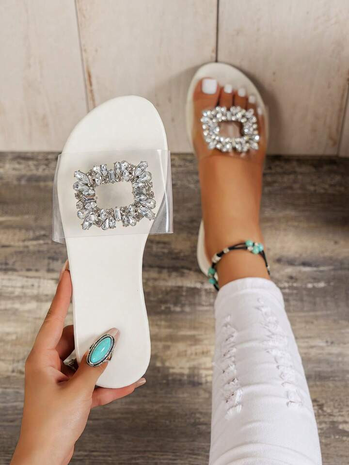 Women Rhinestone Decor Clear Band Slide Sandals, Fashion Summer Flat Sandals | SHEIN