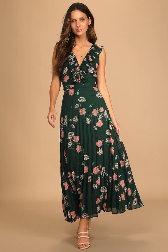 Loved By You Dark Green Floral Print Pleated Chiffon Maxi Dress | Lulus (US)
