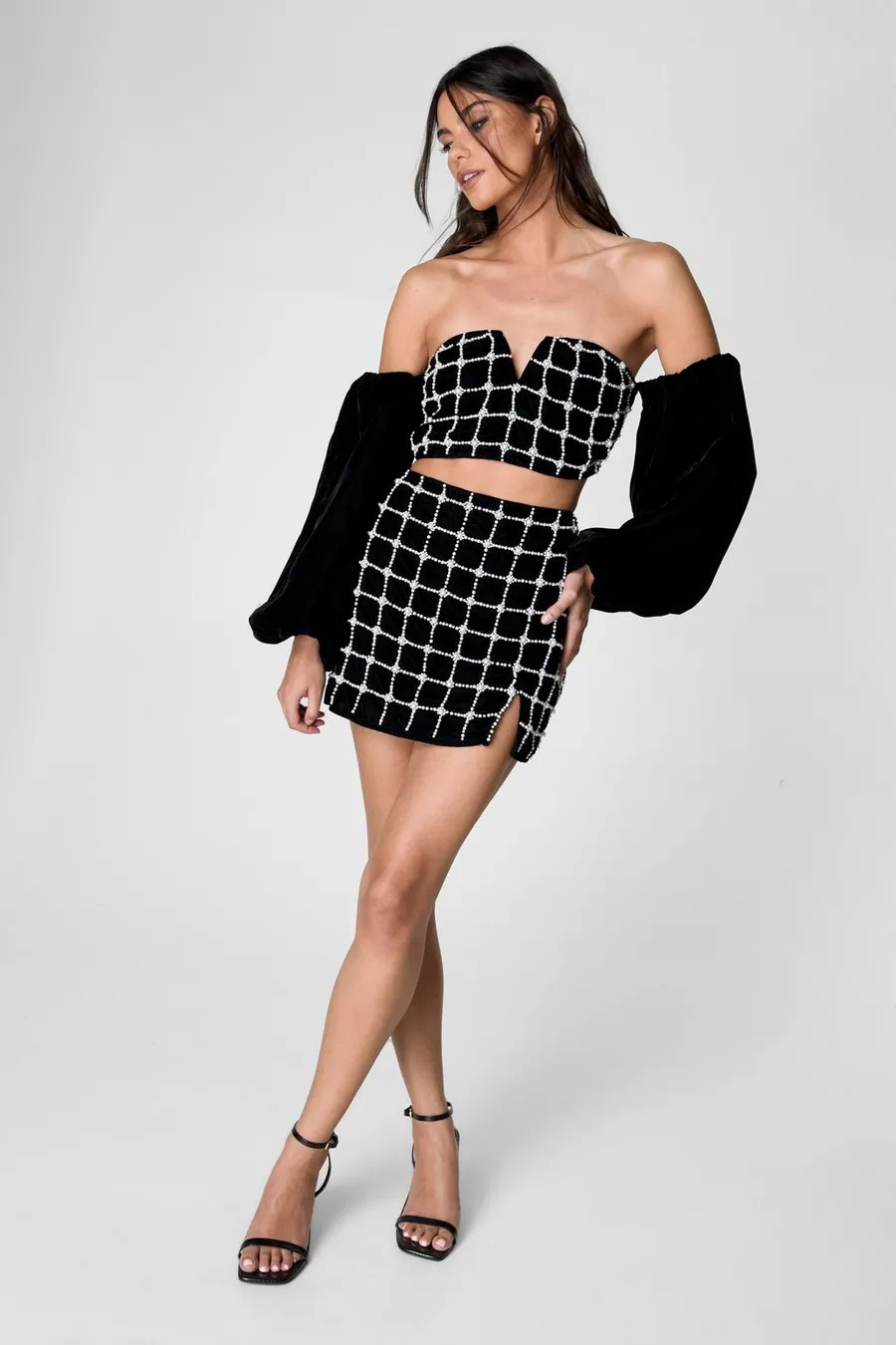 Pearl Embellished Velvet Bardot Top | Nasty Gal US