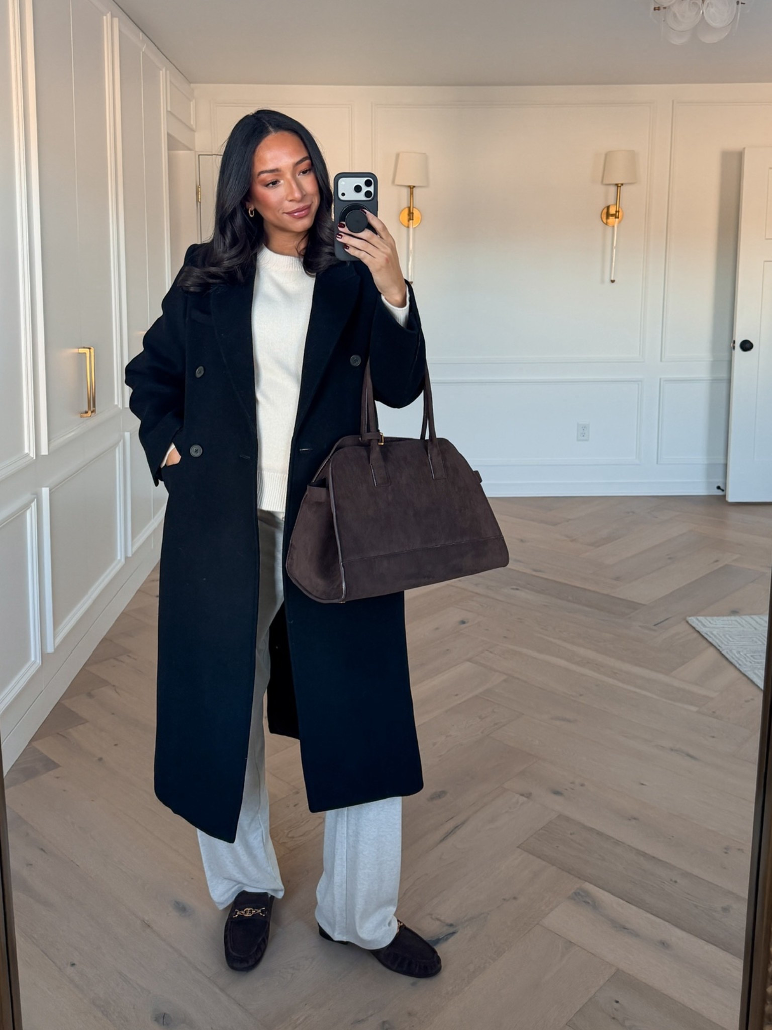 Winter outfit on SALE!! 🤍 Wearing size M grey lounge pants, M cream sweater and size M wool cashmere coat 

Winter outfit 
Winter fashion 
Loungewear 
Comfy outfit 
Casual outfit
Errands outfit
Work from home outfit

#LTKFindsUnder100 #LTKSaleAlert #LTKSeasonal