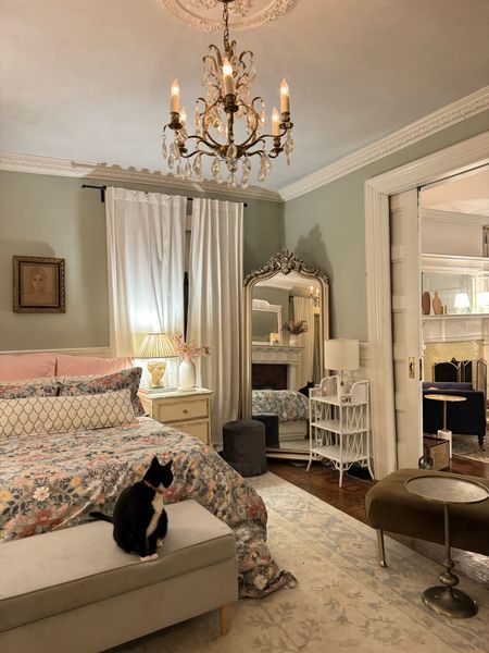 Bedroom links- bedding, duvet cover, sheet set, lumbar pillow, green velvet chaise, rug, floor mirror, crystal chandelier, bust lamp

#LTKhome