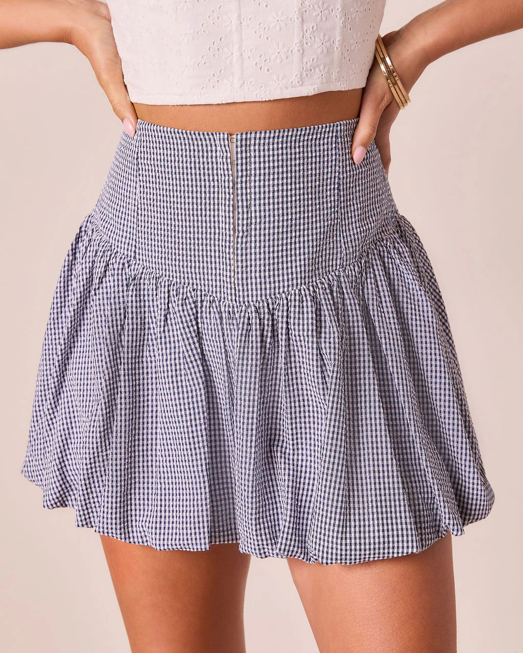 Shellie Gingham Bubble Hem Mini Skirt - Navy / L | VICI