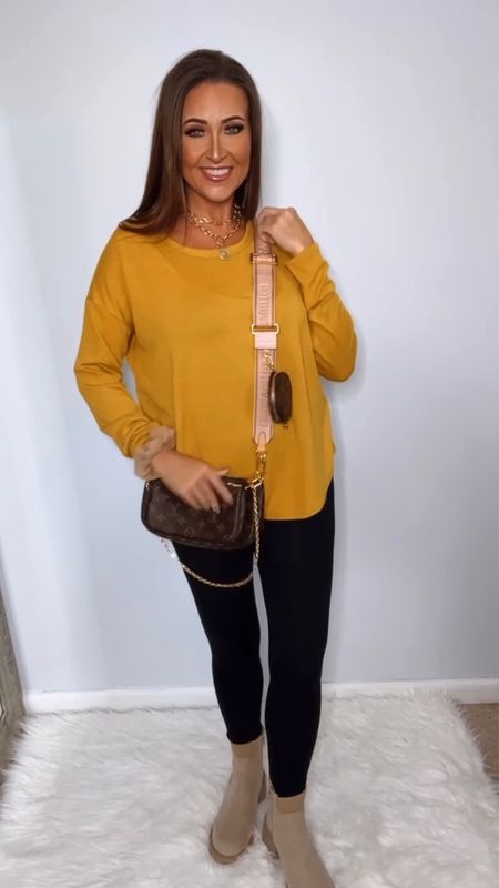 Marigold yellow long sleeve tee, fall basic, fall outfits, faux leather leggings, black leggings, LV multi pochette accessoires, gold coin necklace, tan Chelsea boots, Walmart fashion, affordable fashion, dressy casual look 

#LTKSeasonal #LTKstyletip #LTKunder50