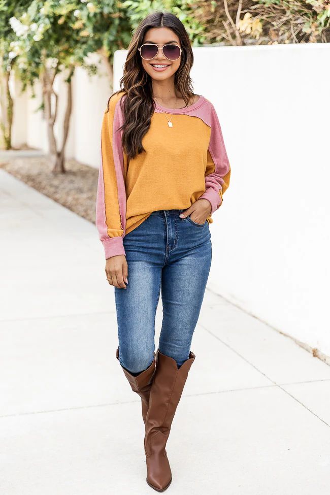 Fall For You Mustard/Pink Colorblock Blouse | Pink Lily