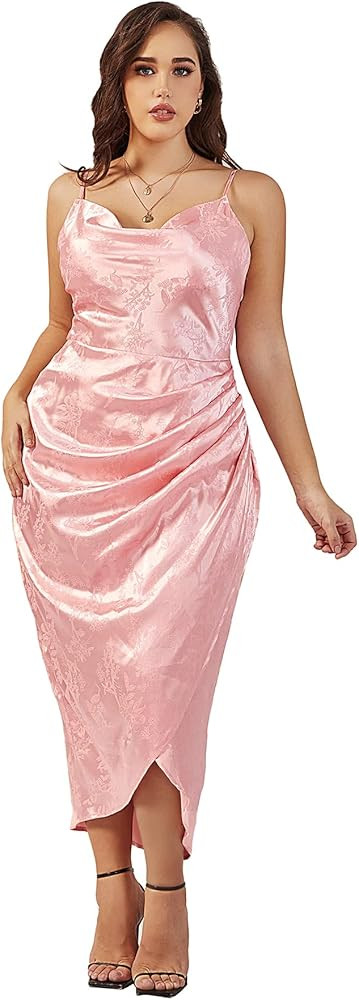 Floerns Women's Plus Size Satin Spaghetti Strap Cowl Neck Wrap Party Cami Dress | Amazon (US)