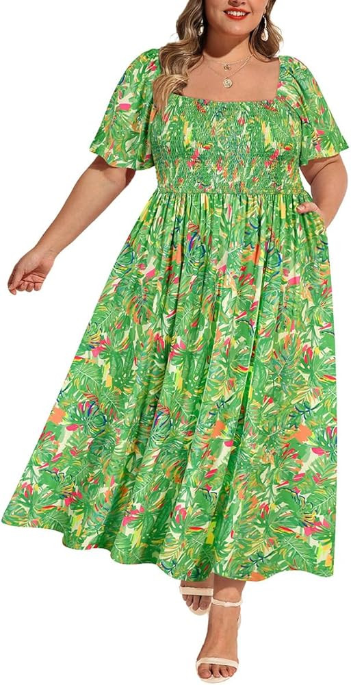 RITERA Plus Size Dresses for Curvy Women Square Neck Short Sleeve Summer Floral Smocked Maxi Dres... | Amazon (US)