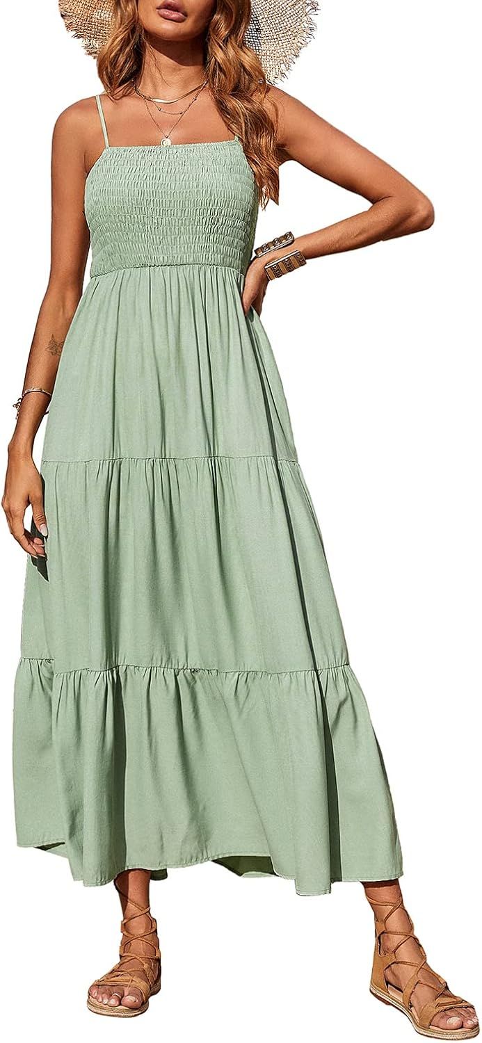 PRETTYGARDEN Women's Summer Maxi Dress Casual Boho Sleeveless Spaghetti Strap Smocked Tiered Long Be | Amazon (US)