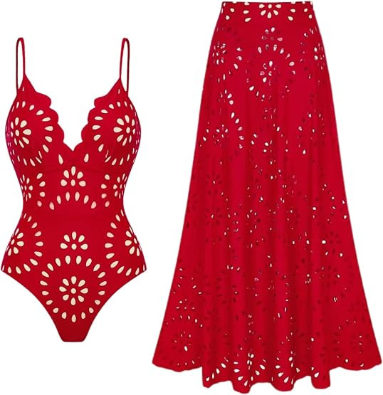 Women's One Piece Bathing Suit Petal Hollow V Neck Swimsuit and Skirt | Amazon (US)