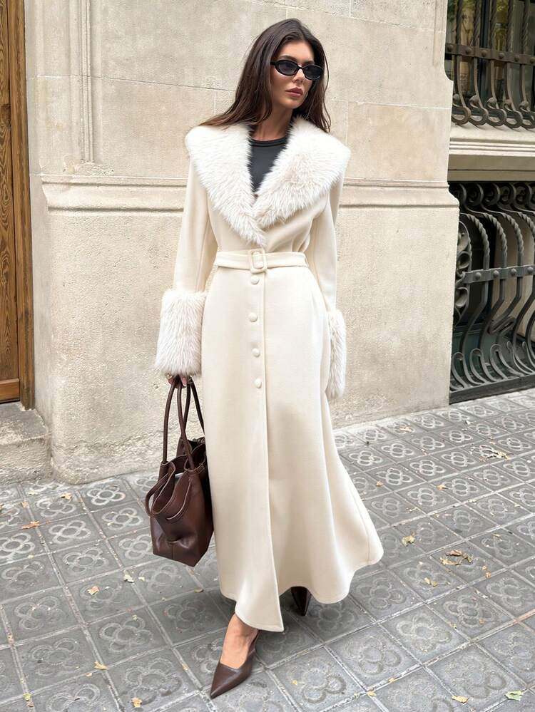 Aloruh Faux Fur Collar Design Long Belted Coat In Fall/Winter,Women's Winter Clothes | SHEIN