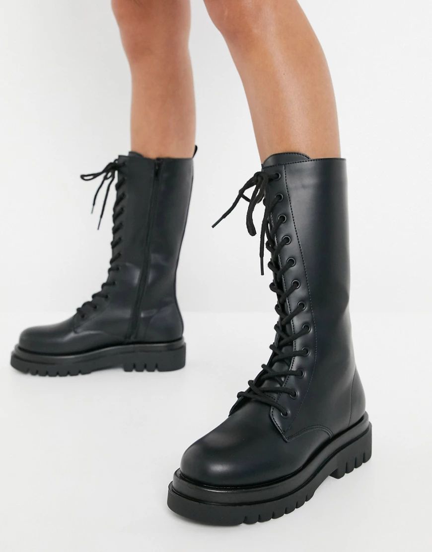 Truffle Collection lace up knee high chunky boots in black | ASOS (Global)