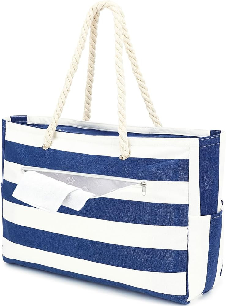 Fammart Large Canvas Beach Bag for Women, Beach Bags Waterproof Sandproof with Zipper & Wet Bag C... | Amazon (US)