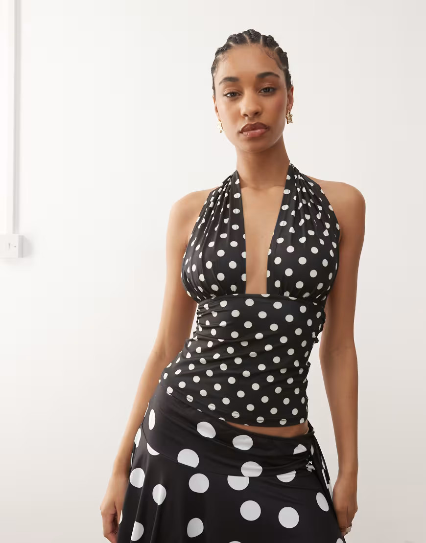 Lioness Safari slinky plunge halterneck top co-ord in black polka dot-Multi | ASOS (Global)