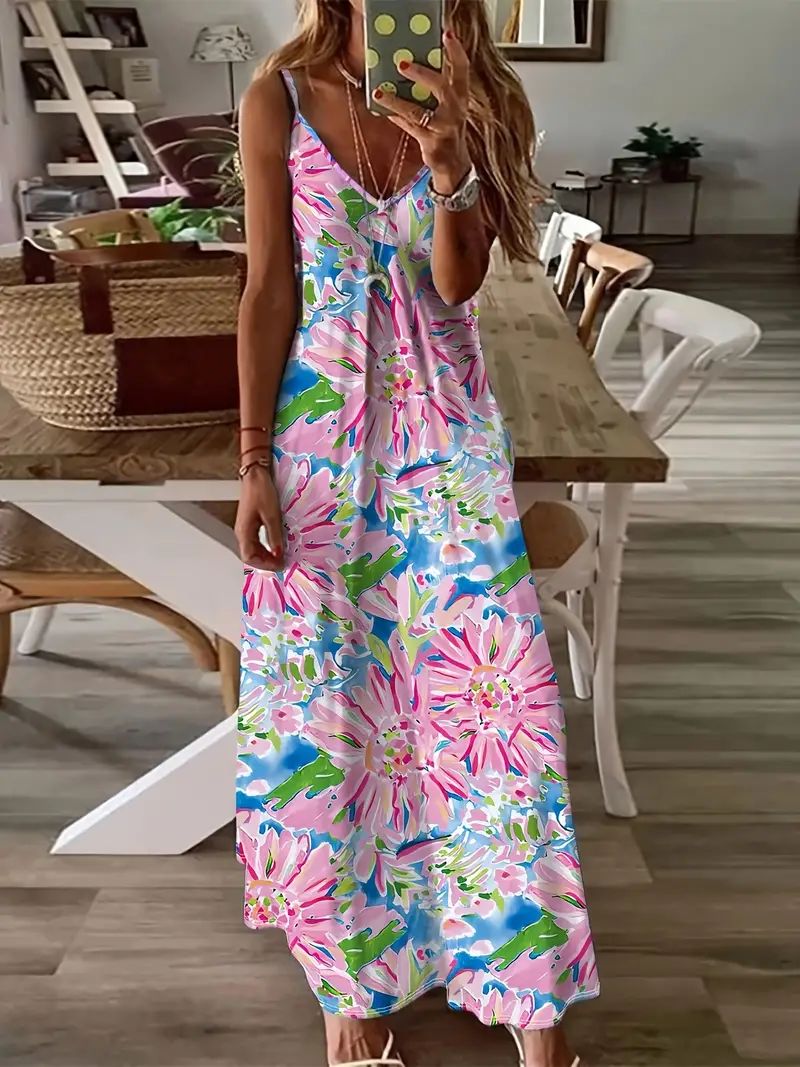 Allover Print V Neck Cami Dress, Elegant Sleeveless Loose Maxi Dress, Women's Clothing | Temu Affiliate Program