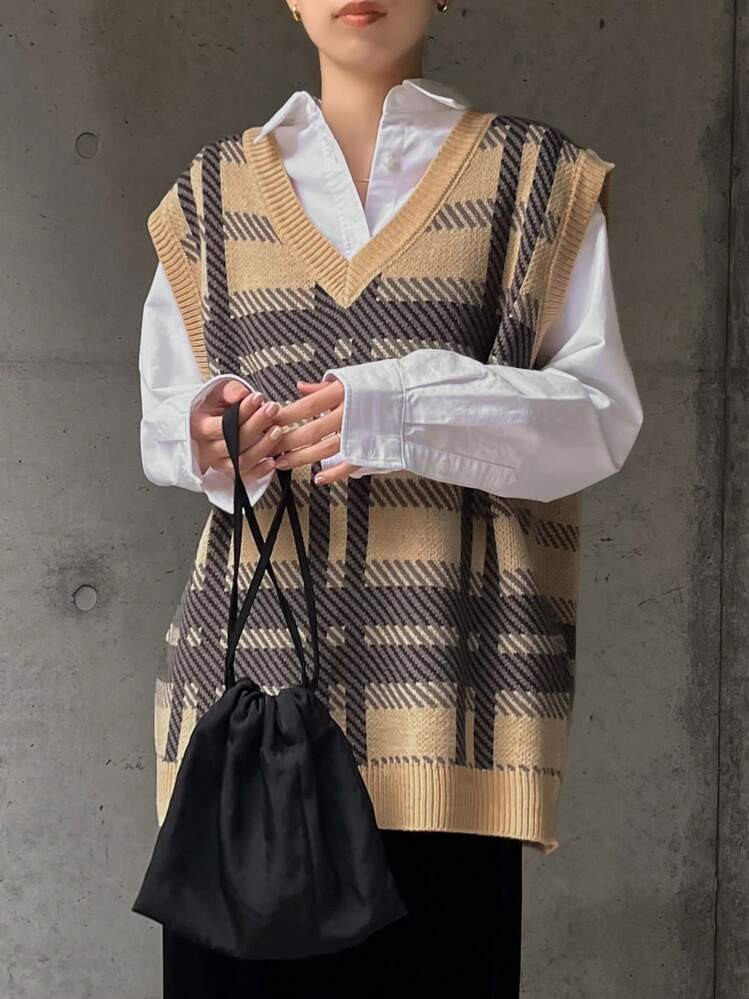 FRIFUL Women Casual Plaid Pattern V-Neck Loose Knitted Sweater Vest, Without Shirt,Fall Clothes | SHEIN