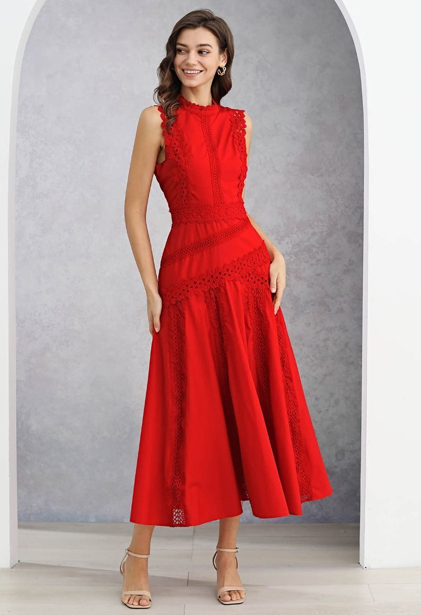 Dive into Elegance Lace Panelled Sleeveless Dress in Red for Elegant Occasions & Evening Soirees | Chicwish