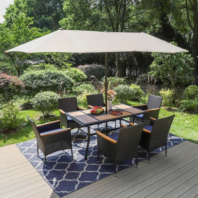Alyah 7-piece Metal Steel Outdoor Pe Rattan Wicker Dining Set With Umbrella, Navy Blue Cushions, Rectangular Dining Table | Wayfair North America
