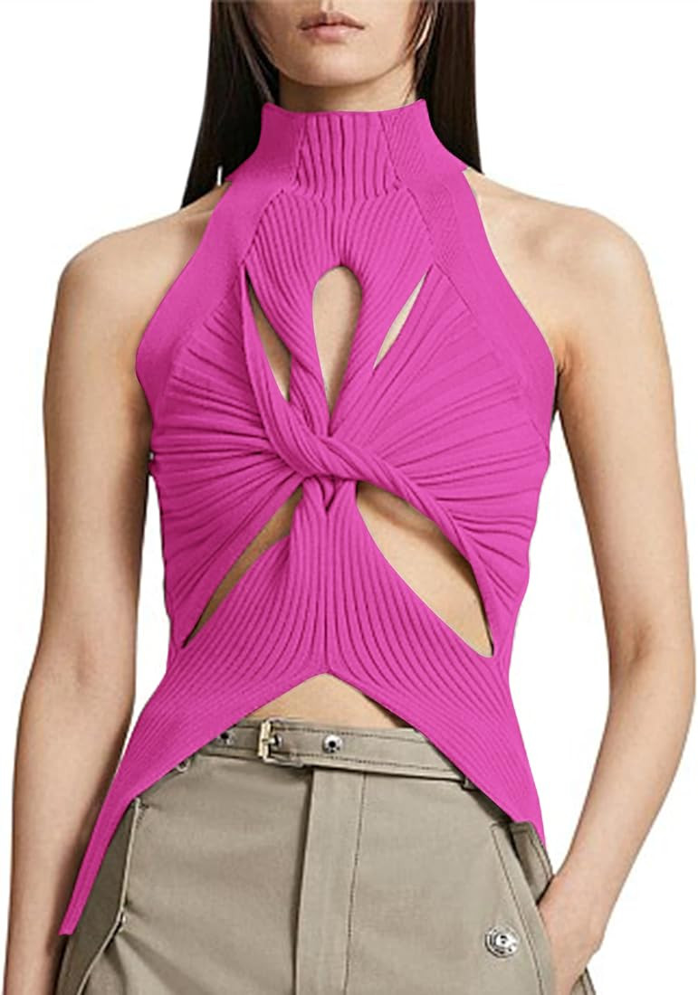 SAFRISIOR Women Sexy Hollow Out Twist Front Knitted Tank Tops Sleeveless High Neck Cut Out Sweate... | Amazon (US)